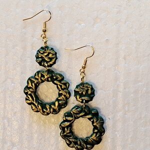 Elegant Gold and Green Dangle Earrings Clay